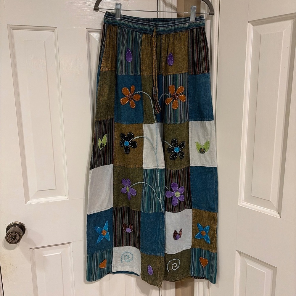 Rising International Womens Patchwork Wide Leg Pants XL Multicolor Floral Cotton